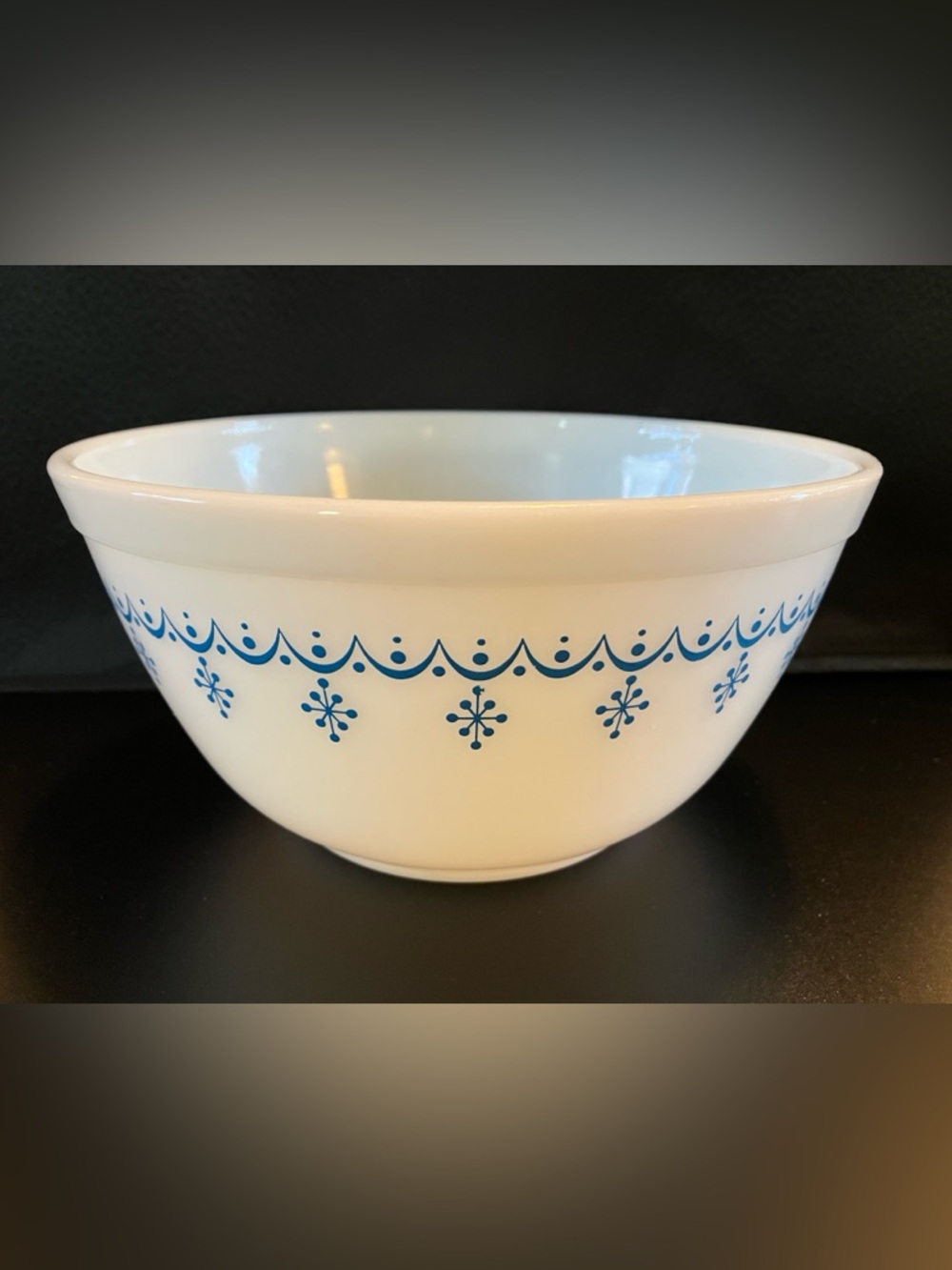 Vintage White Pyrex Bowl with Blue Snowflake Garland